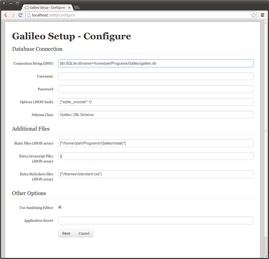 Galileo configure page